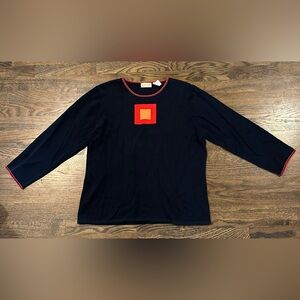 SHU+SHU VTG Black Sweater Top Red Trim Geometric Square Detail 3/4 Sleeve XL